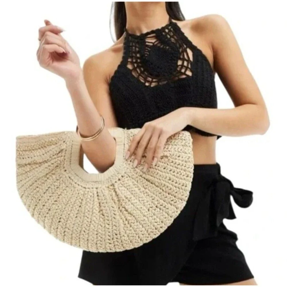 RAMLA Designer Raffia Woven Half Moon Handbag Straw Resort Beach Bag NEW